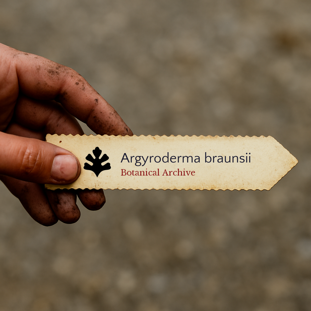 Etichetta vintage dell'archivio botanico per Argyroderma braunsii tenuta da una mano sporca