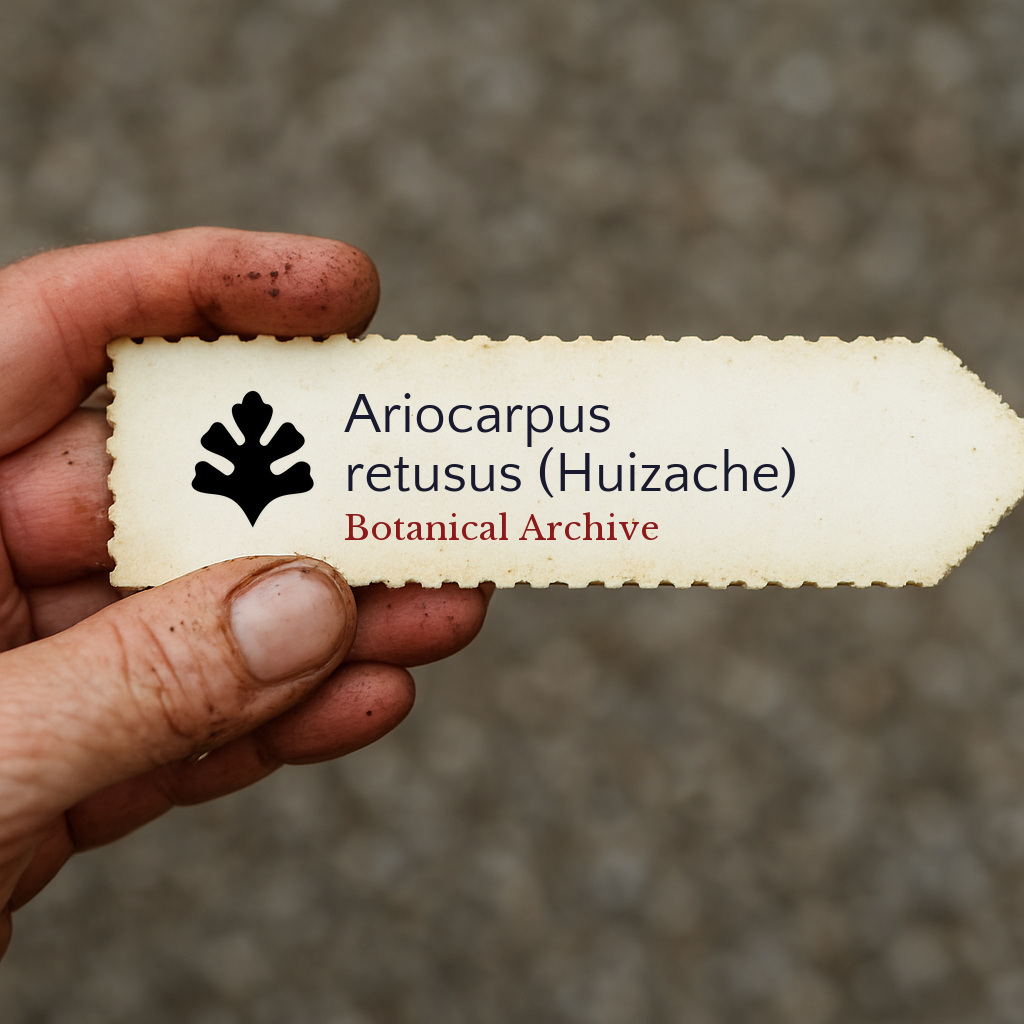 Etichetta stampata per pianta di Ariocarpus retusus (Huizache) tenuta da mano sporca all'aperto