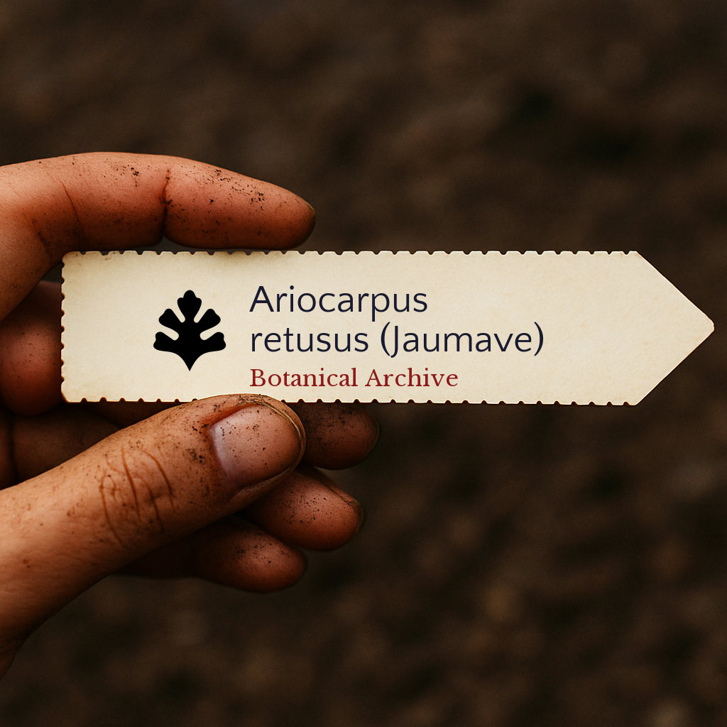 Etichetta per pianta stampata per Ariocarpus retusus (Jaumave) tenuta in mano con sfondo di terra