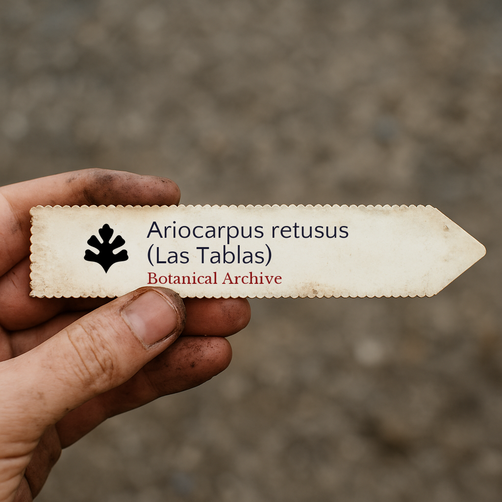 Etichetta per pianta stampata per Ariocarpus retusus (Las Tablas) tenuta da mano sporca