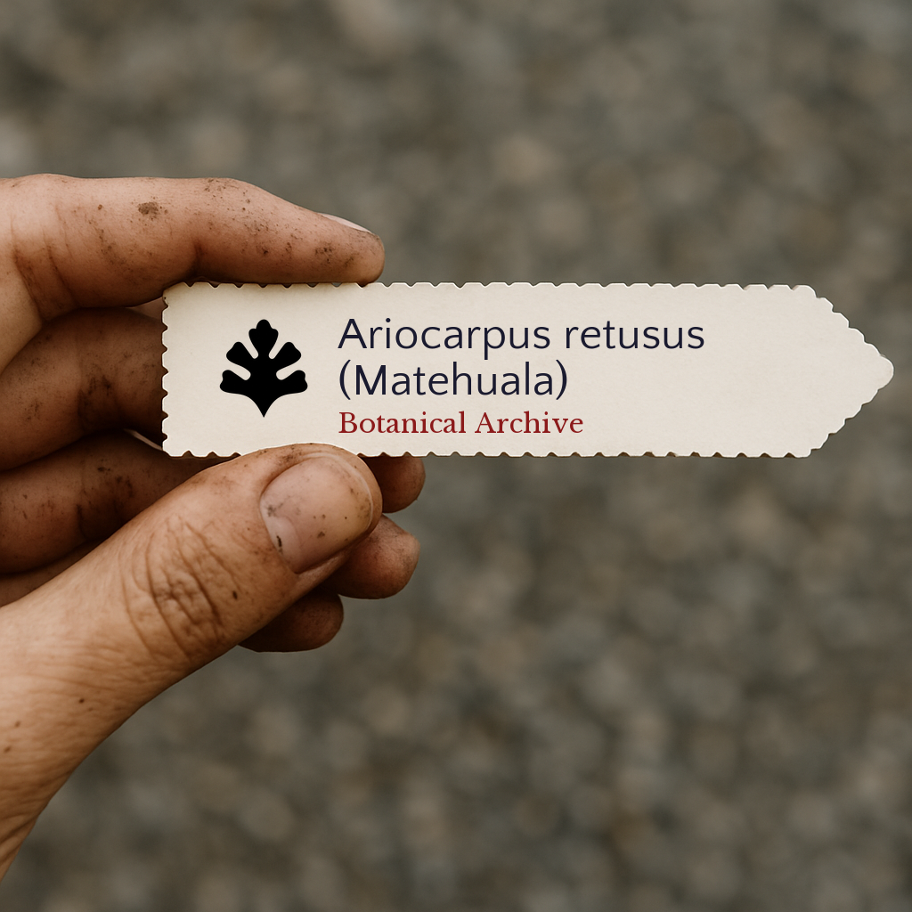 Etichetta per pianta stampata per Ariocarpus retusus (Matehuala) tenuta in mano con terra sulle dita