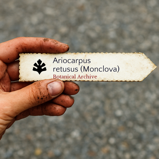 Etichetta per pianta stampata per Ariocarpus retusus (Monclova) tenuta a mano con sfondo di terra