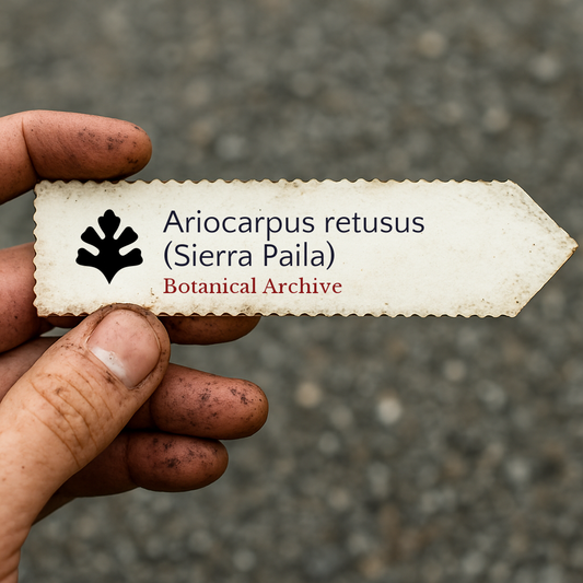 Etichetta per pianta stampata per Ariocarpus retusus (Sierra Paila) tenuta da mano sporca all'aperto