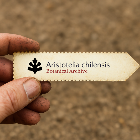 Bedrukt plantenlabel voor Aristotelia chilensis vastgehouden door een vuile hand tegen een achtergrond van aarde