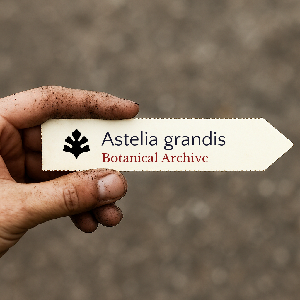 Étiquette de plante imprimée pour Astelia grandis tenue par une main sale en extérieur