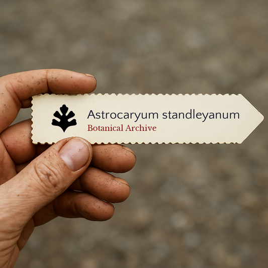 Étiquette de plante imprimée pour Astrocaryum standleyanum tenue en main avec un fond de terre