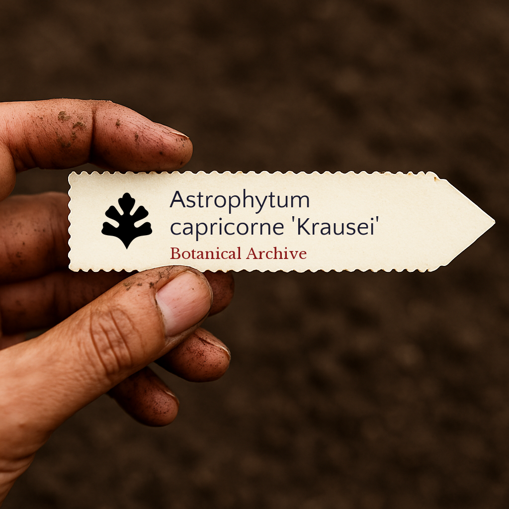 Bedrucktes Pflanzenetikett für Astrophytum capricorne 'Krausei', gehalten von einer schmutzigen Hand vor einem Erd-Hintergrund