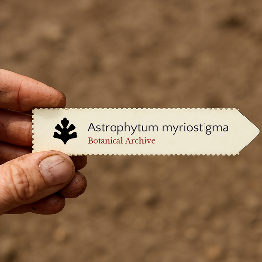 Trykt planteetikett for Astrophytum myriostigma holdt i hånden med jordbakgrunn