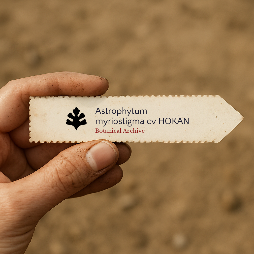 Trykt planteetikett for Astrophytum myriostigma cv HOKAN holdt i hånden med jordbakgrunn