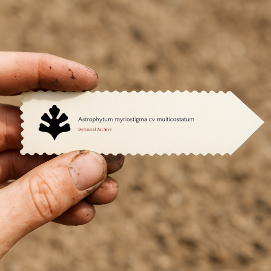 Printed plant label for Astrophytum myriostigma cv multicostatum held by dirty hand outdoors
