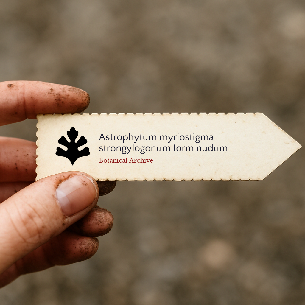 Trykt planteetikett for Astrophytum myriostigma strongylogonum form nudum holdt av skitten hånd