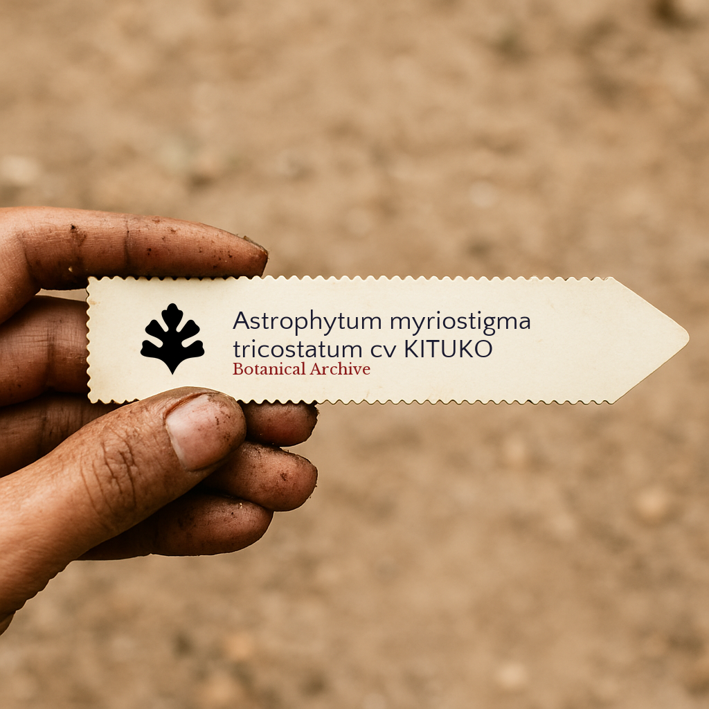 Trykt planteetikett for Astrophytum myriostigma tricostatum cv KITUKO holdt i hånden med jordbakgrunn