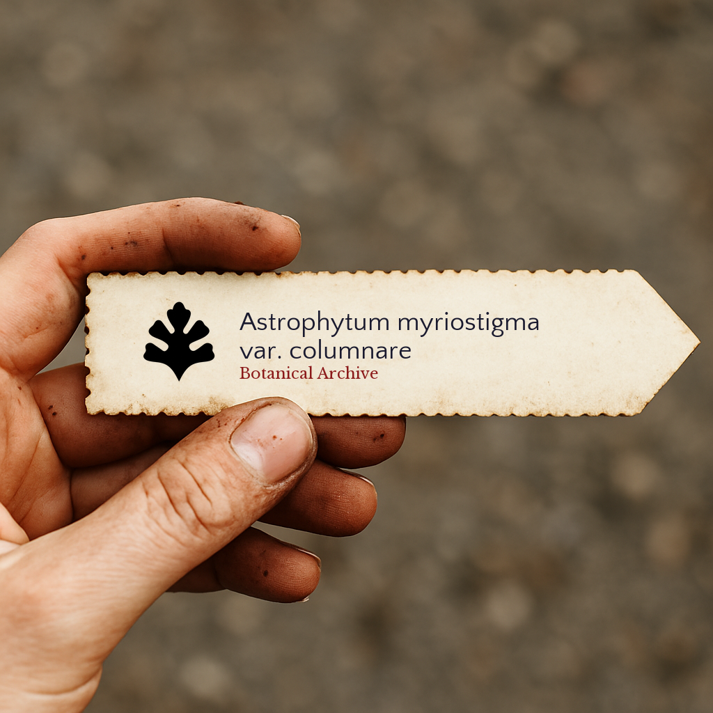 Trykt planteetikett for Astrophytum myriostigma var. columnare holdt av skitten hånd utendørs