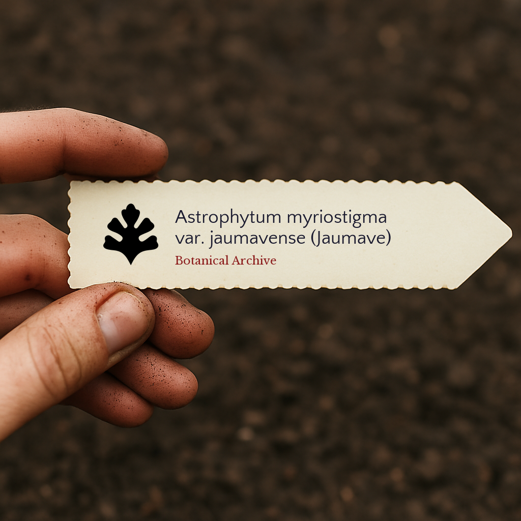 Trykt planteetikett for Astrophytum myriostigma var. jaumavense holdt over jordbakgrunn