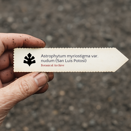 Trykt planteetikett for Astrophytum myriostigma var. nudum holdt i hånden med jordbakgrunn