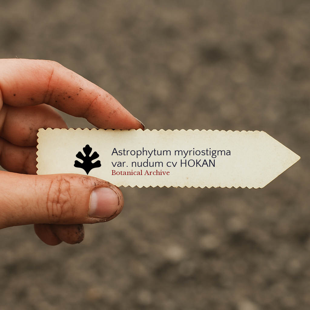 Trykket planteetikett for Astrophytum myriostigma var. nudum cv HOKAN holdt i hånd