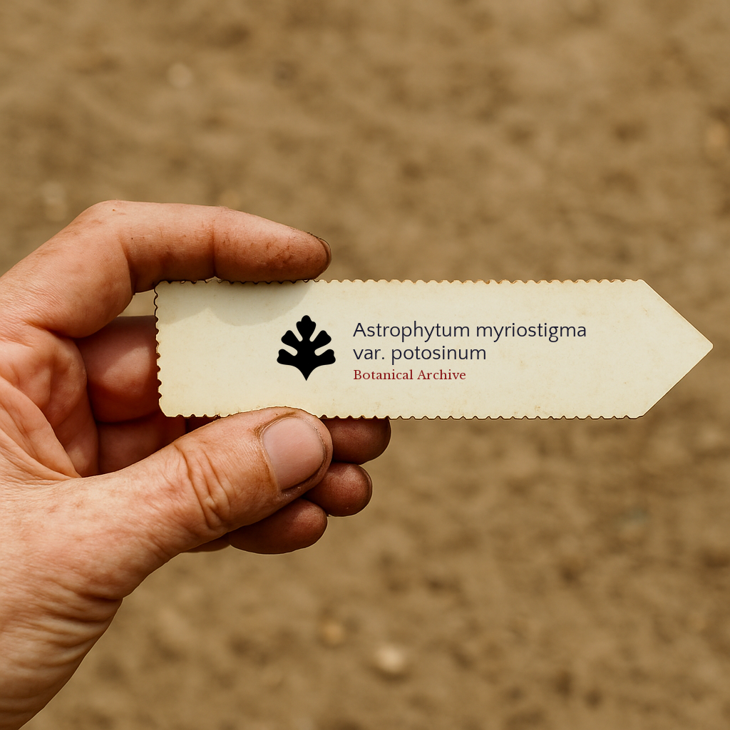 Trykt planteetikett for Astrophytum myriostigma var. potosinum holdt i hånden med uskarp jordbakgrunn