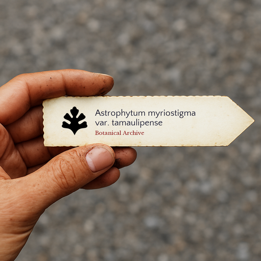 Trykt plantelapp for Astrophytum myriostigma var. tamaulipense holdt for hånd
