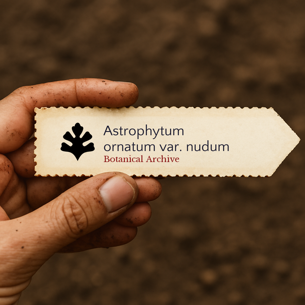Printed plant label for Astrophytum ornatum var. nudum held by hand with soil background