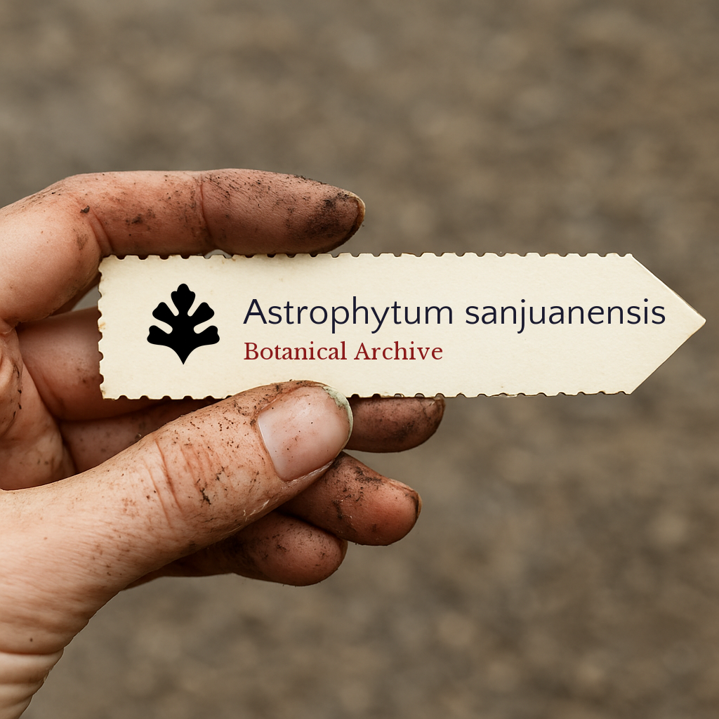 Trykt planteetikett for Astrophytum sanjuanensis holdt av en skitten hånd utendørs