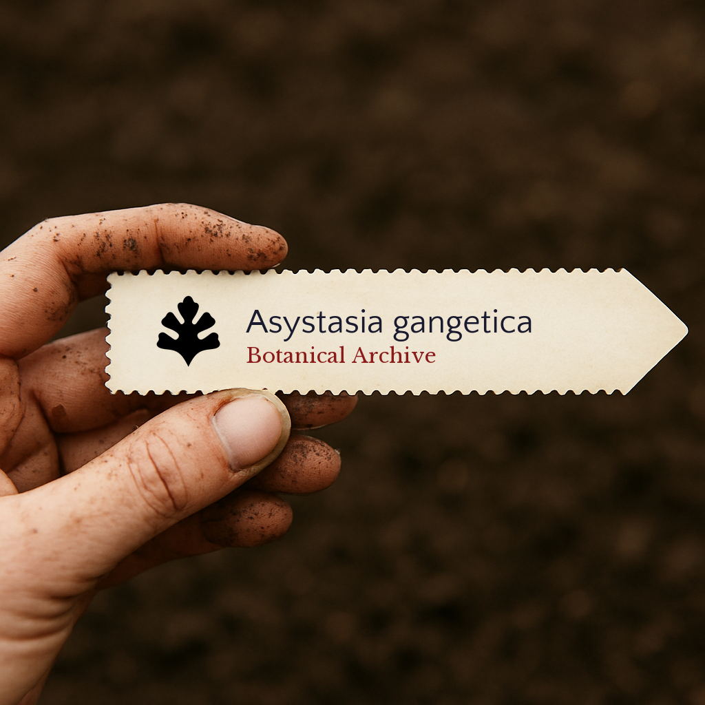 Printed plant label for Asystasia gangetica held by dirty hand over soil background