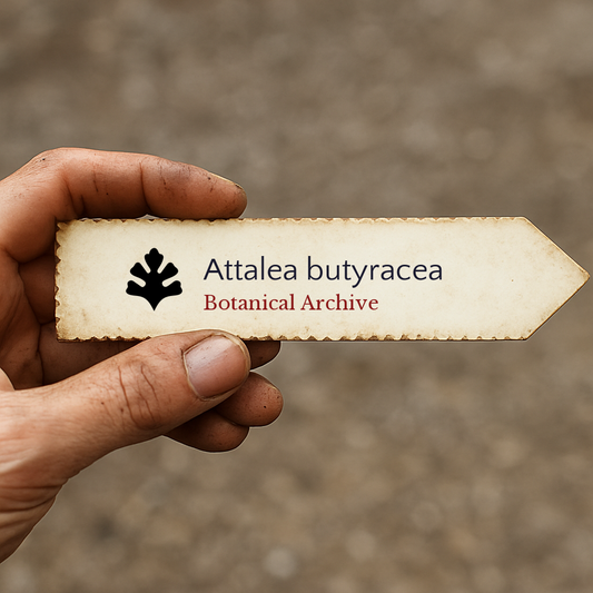 Étiquette d'archive botanique vintage pour Attalea butyracea tenue à la main