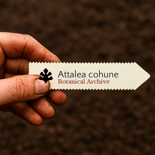 Étiquette végétale imprimée pour Attalea cohune tenue par une main sale sur fond de sol