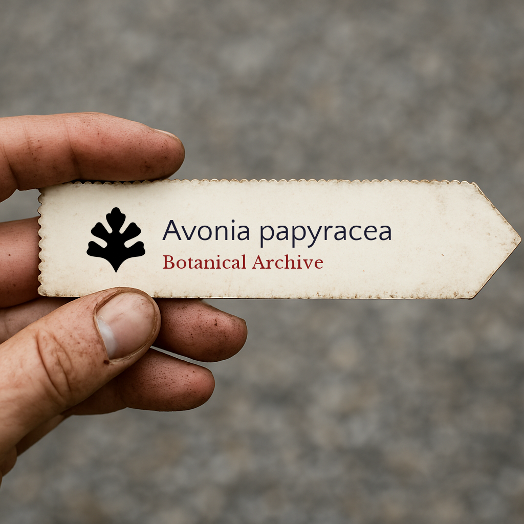 Printed plant label for Avonia papyracea held by hand with dirt background