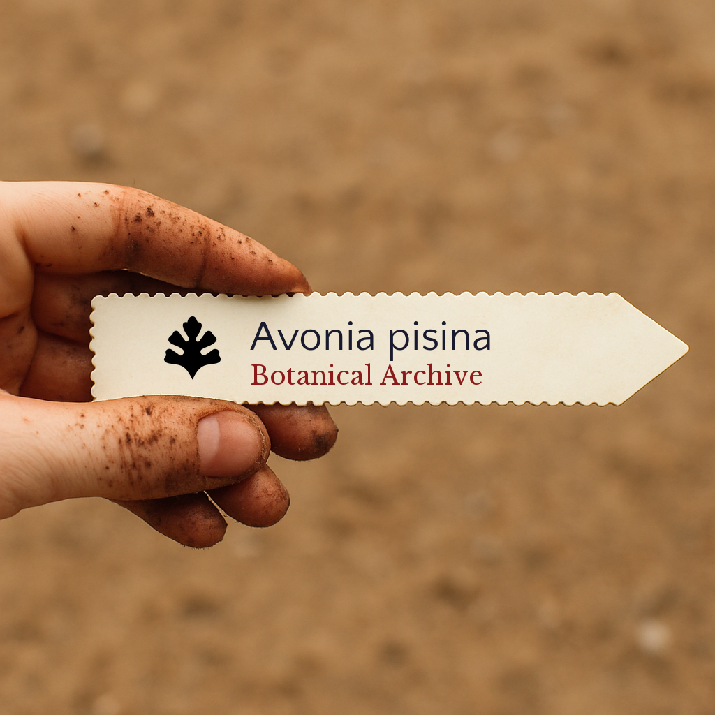 Planteetikett for Avonia pisina holdt av skitten hånd mot jordbakgrunn