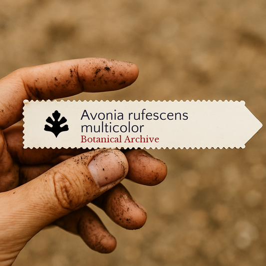 Etiqueta impresa para planta Avonia rufescens multicolor sostenida por una mano sucia al aire libre