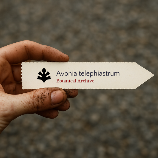 Etiqueta de planta impresa para Avonia telephiastrum sostenida por una mano sucia con fondo desenfocado