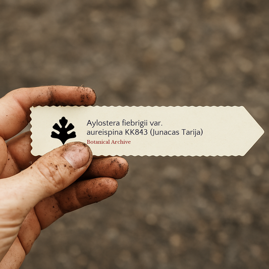 Printed plant label for Aylostera fiebrigii var. aureispina held by dirty hand outdoors
