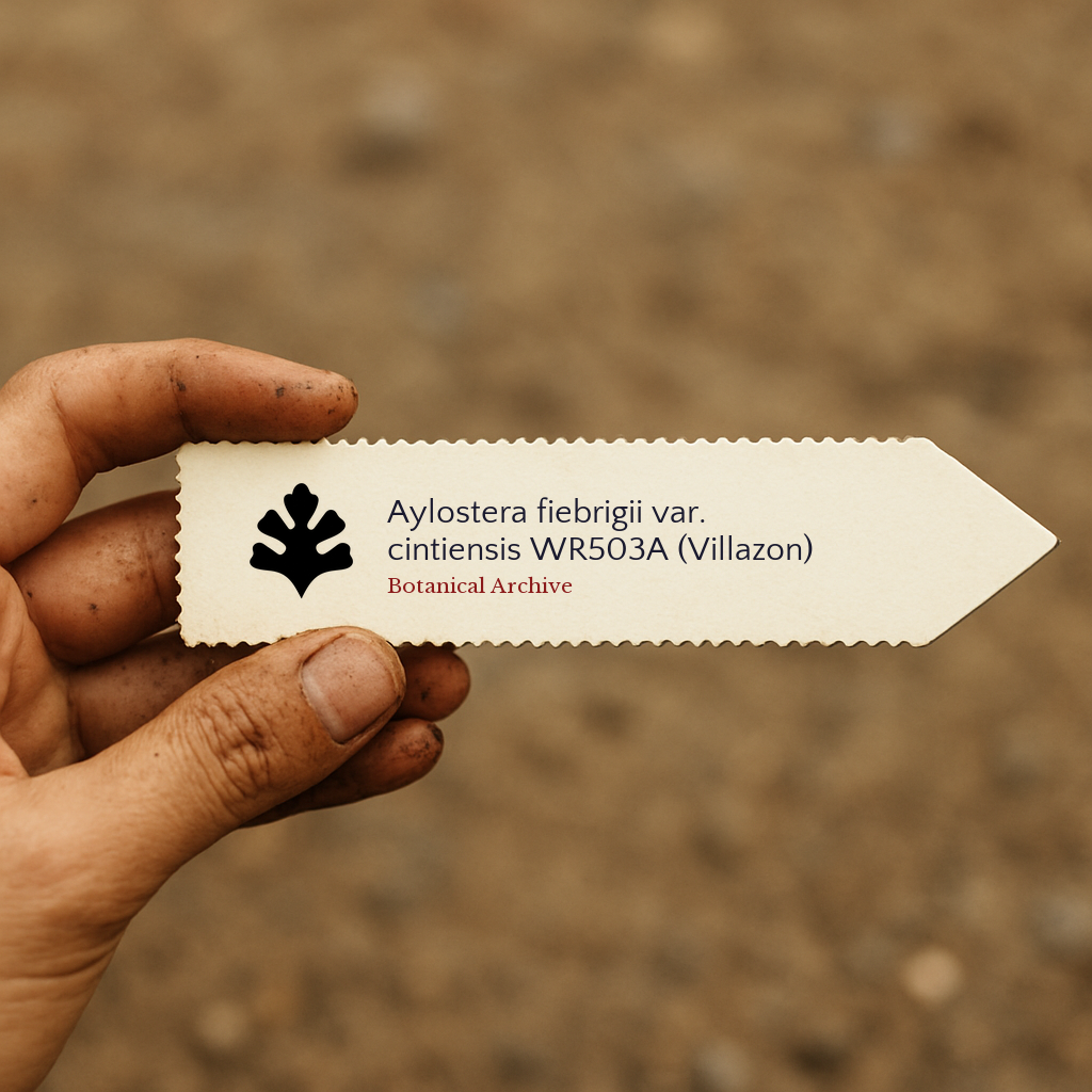 Etichetta per pianta stampata per Aylostera fiebrigii var. cintiensis tenuta a mano con sfondo di terreno