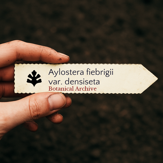 Printed plant label for Aylostera fiebrigii var. densiseta held over soil background