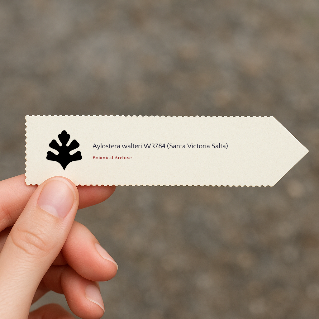 Bedrukt plantenlabel voor Aylostera walteri WR784 in hand met Botanical Archive-logo
