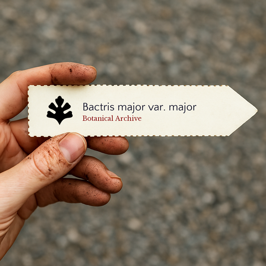 Étiquette de plante imprimée pour Bactris major var. major tenue par une main sale en extérieur