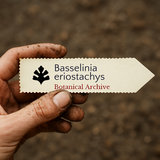 Étiquette de plante imprimée pour Basselinia eriostachys tenue par une main sale sur un fond de terre