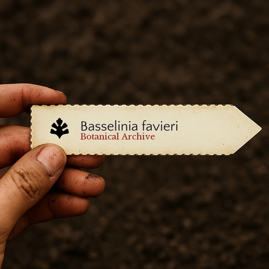 Étiquette plantée imprimée pour Basselinia favieri tenue au-dessus du sol en arrière-plan