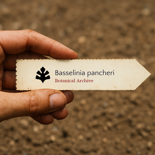 Étiquette de plante imprimée pour Basselinia pancheri avec le logo Botanical Archive sur papier beige