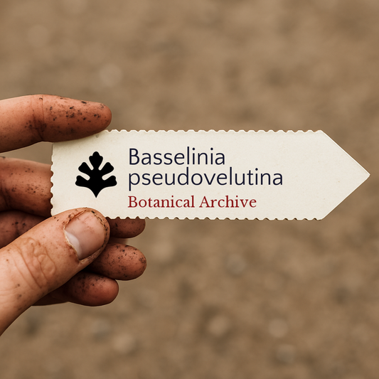 Étiquette végétale imprimée pour Basselinia pseudovelutina tenue par une main sale avec un arrière-plan flou de terre