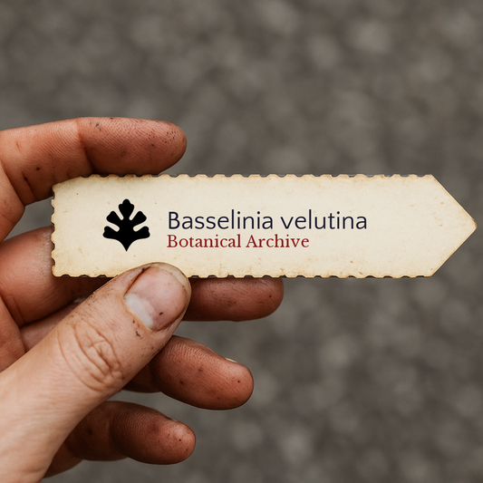 Étiquette végétale imprimée pour Basselinia velutina tenue par une main aux doigts tachés de terre