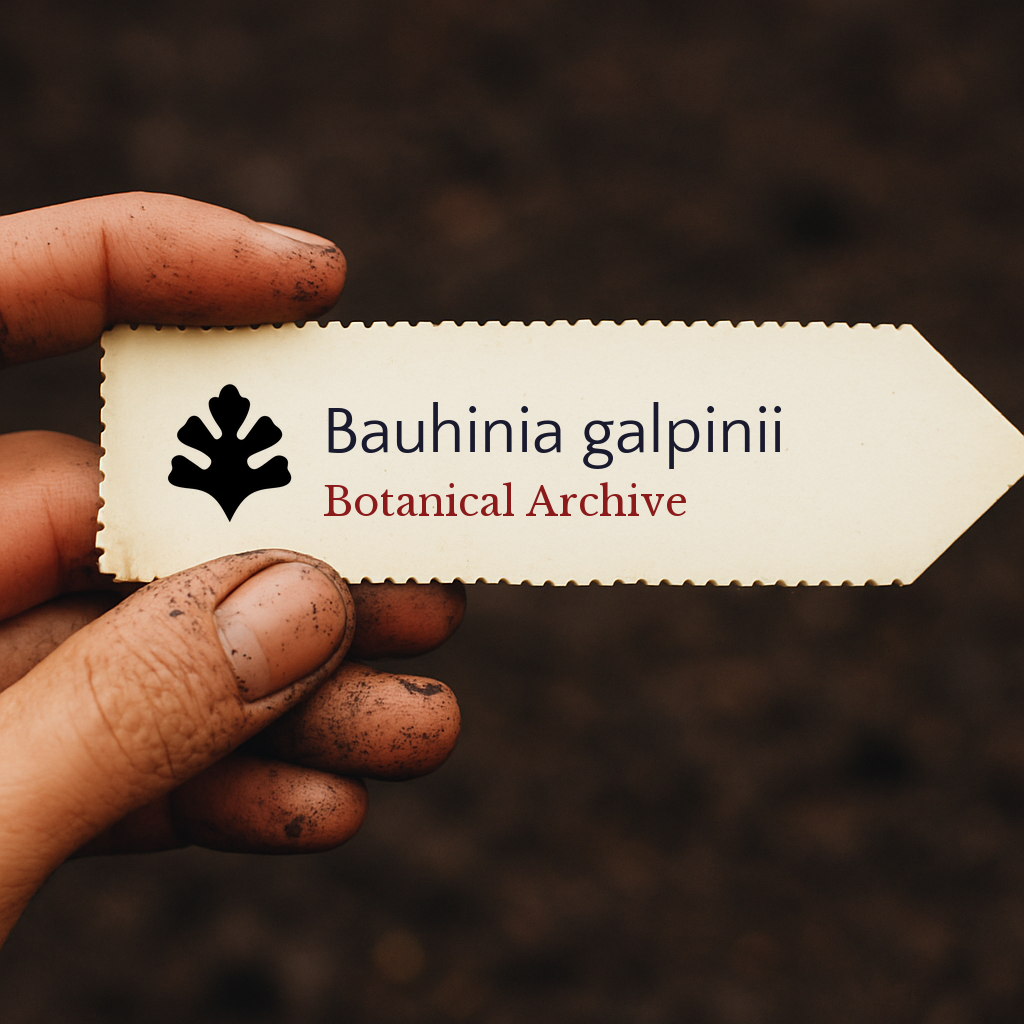 Étiquette végétale imprimée pour Bauhinia galpinii tenue par une main sale contre un fond de sol