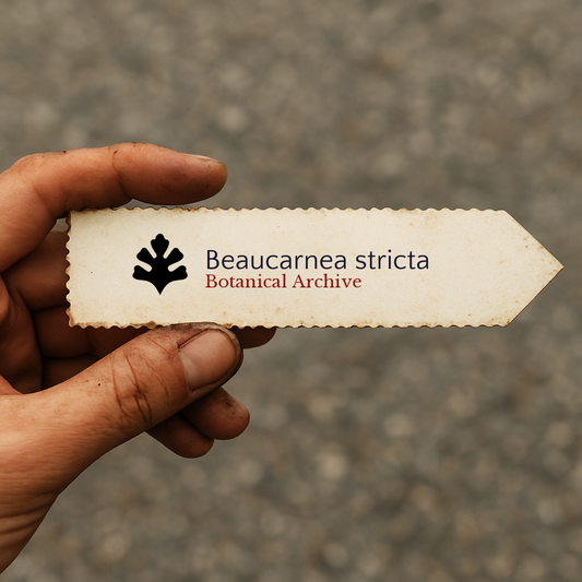 Etiqueta de planta impresa para Beaucarnea stricta con el logo de Botanical Archive sostenida a mano