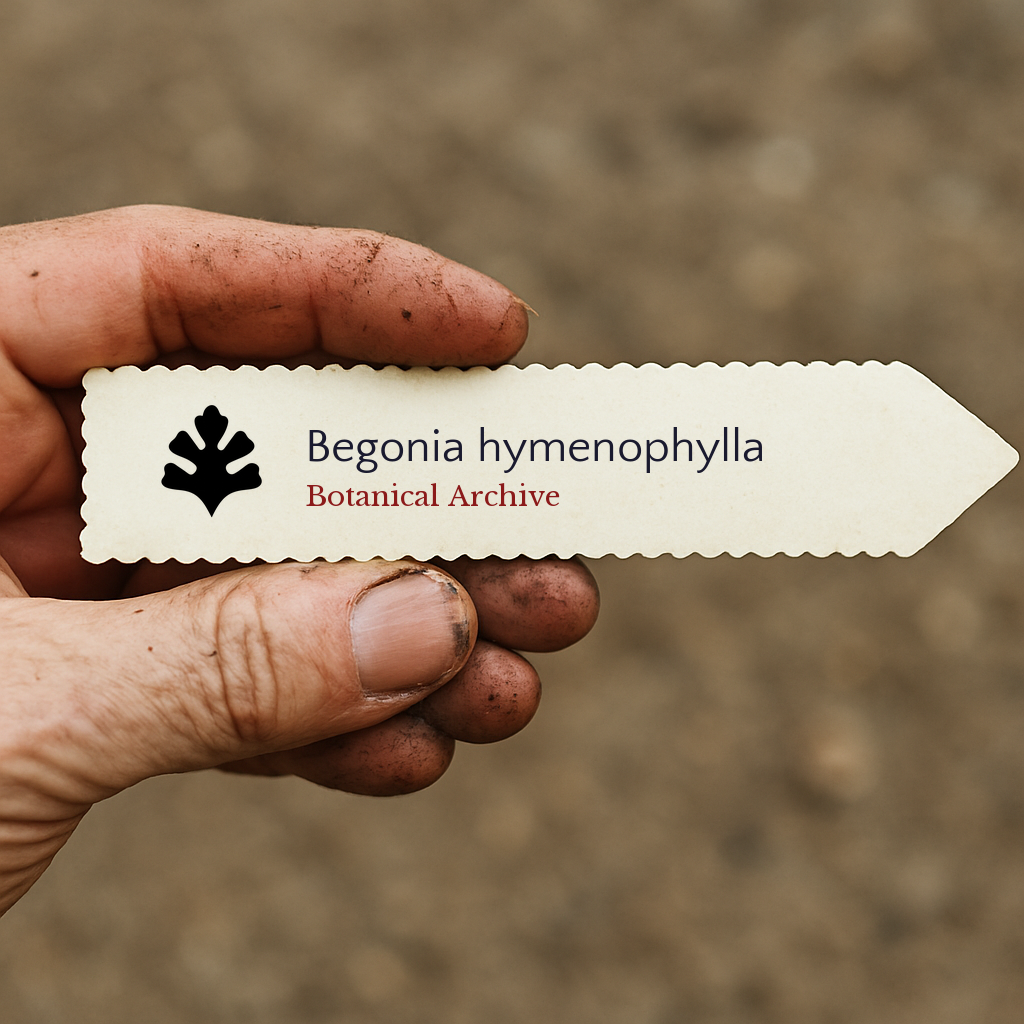 Etichetta stampata per pianta di Begonia hymenophylla tenuta dalla mano sporca di un giardiniere