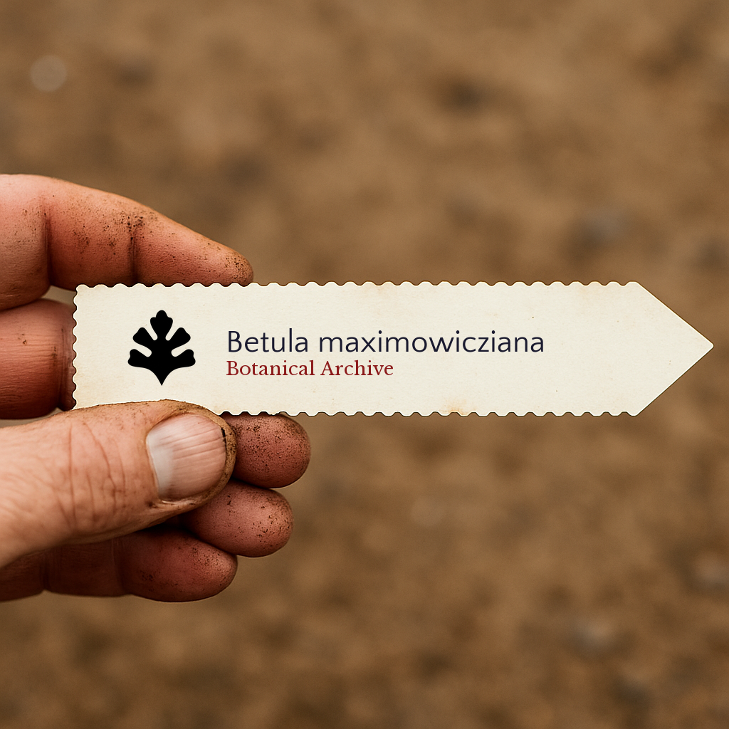 Etichetta per pianta stampata per Betula maximowicziana con il logo Botanical Archive tenuta da una mano sporca