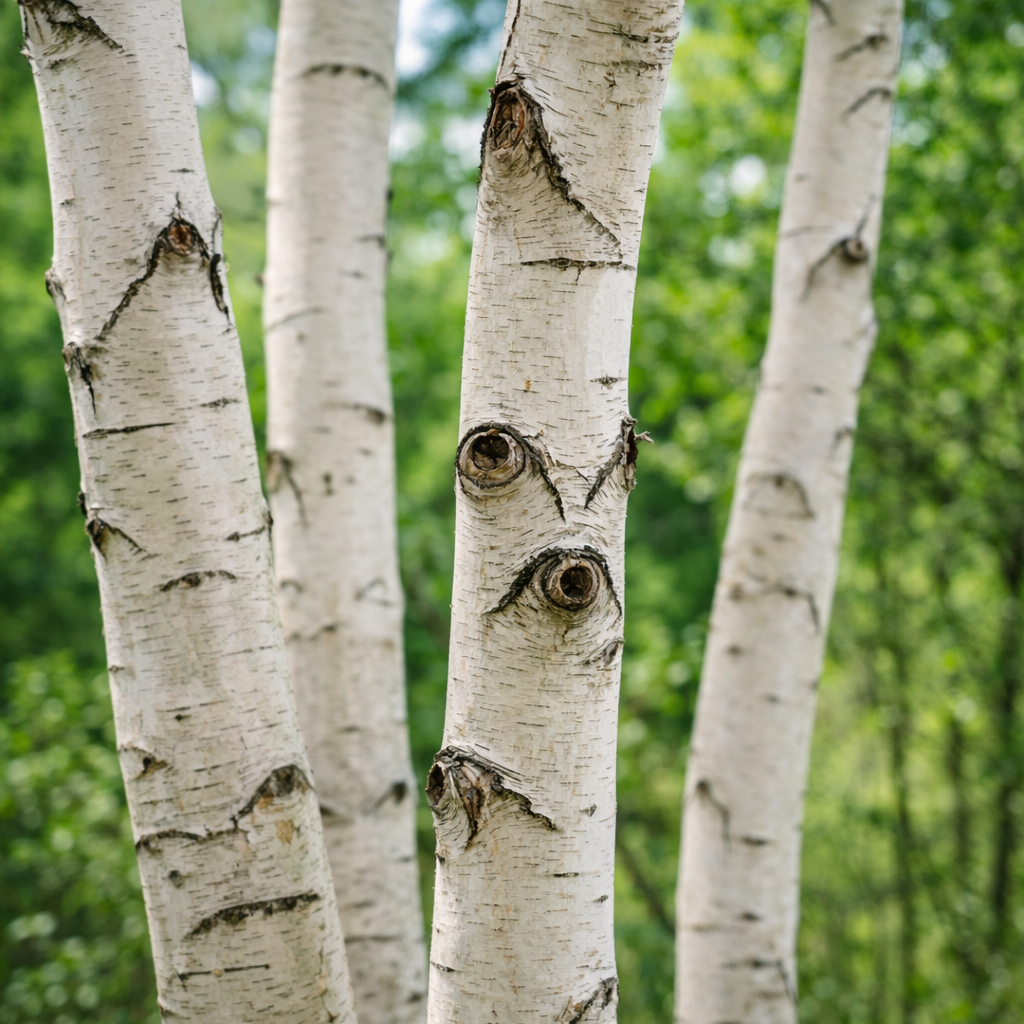 Betula lenta mature tree trunks with smooth white bark and dark knot markings in forest background