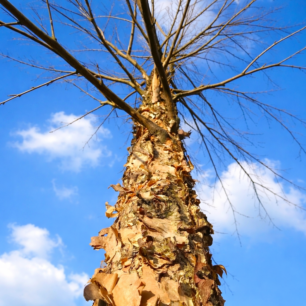 Betula nigra tree with peeling bark and bare branches against blue sky