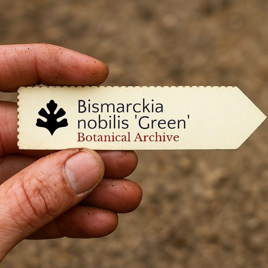 Étiquette imprimée pour plante Bismarckia nobilis 'Green' tenue par une main sale en extérieur