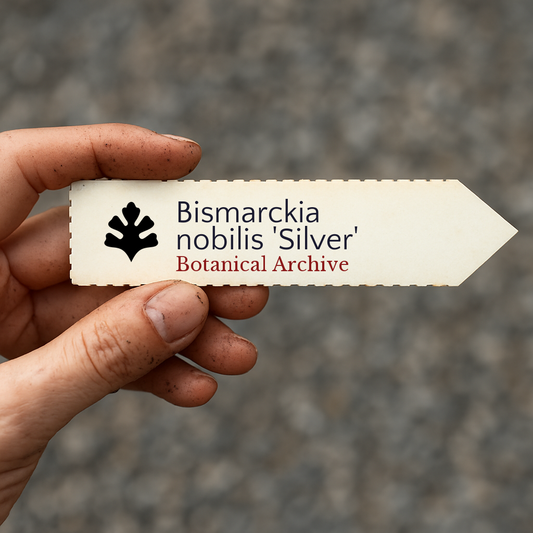 Étiquette de plante imprimée pour Bismarckia nobilis 'Silver' tenue à la main avec des doigts tachés de terre