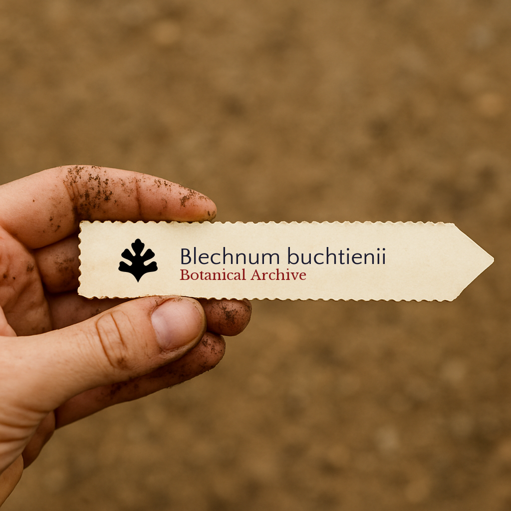 Printed plant label for Blechnum buchtienii held by dirty hand with soil background